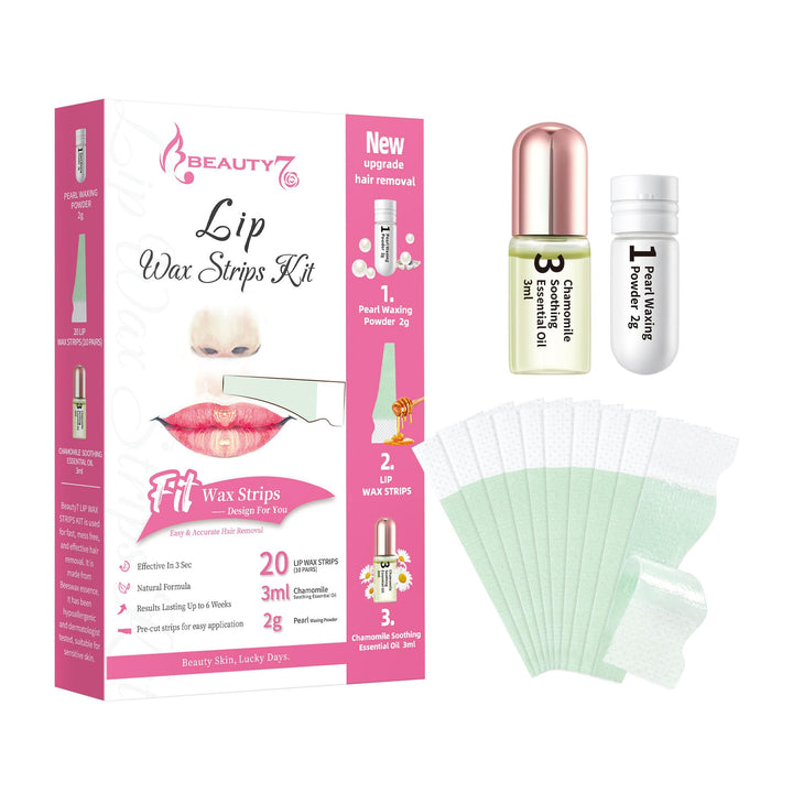 Beauty7 Lip Wax Strips Facial Wax Strips Hair Removal Wax Strips for Sensitive All Skin Types Women 20 pcs with Pearl Powder Essential Oil