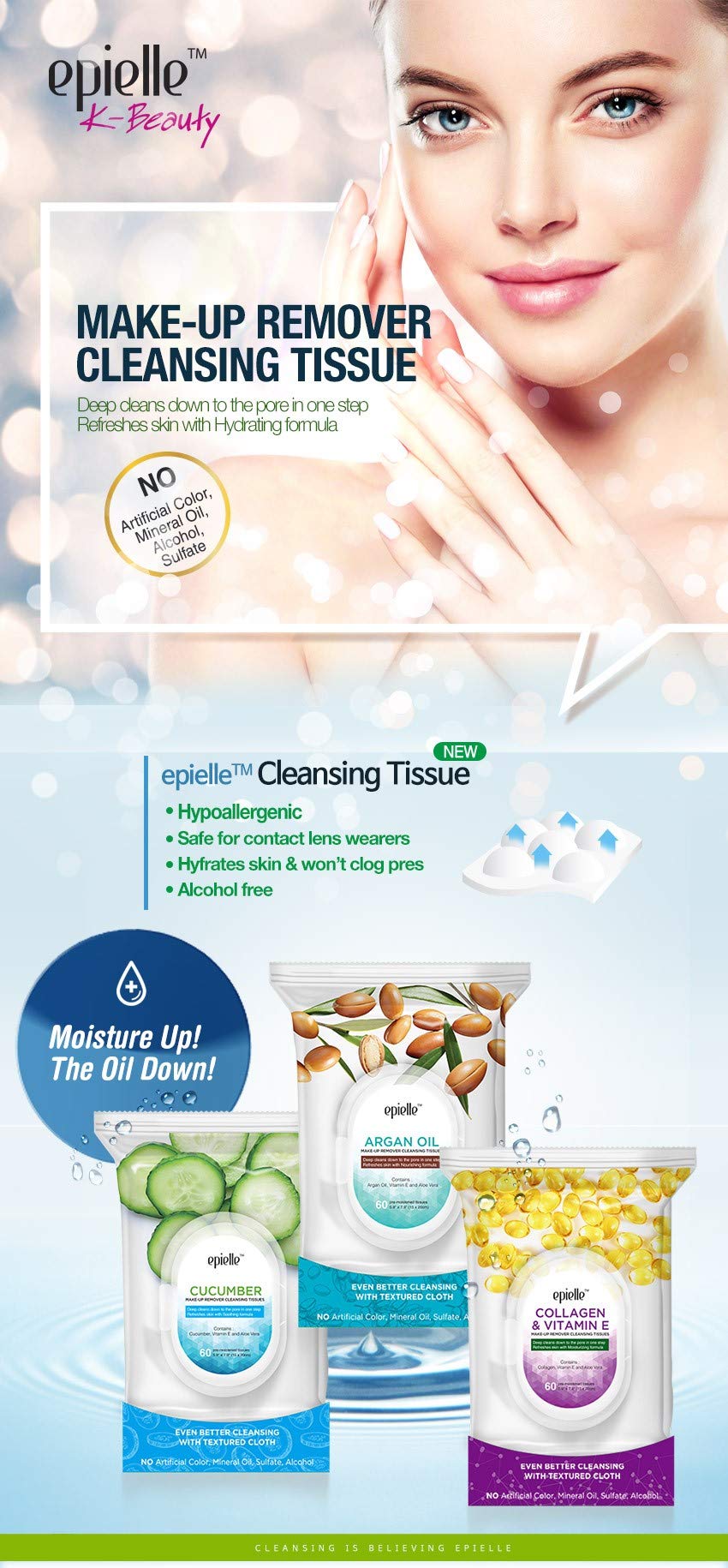 Epielle Collagen Infused Makeup Remover Cleansing Wipes | 60 Count, 2-Pack | Ideal for Beauty Gifts, Spa Days, Gift Sets | Korean Skincare