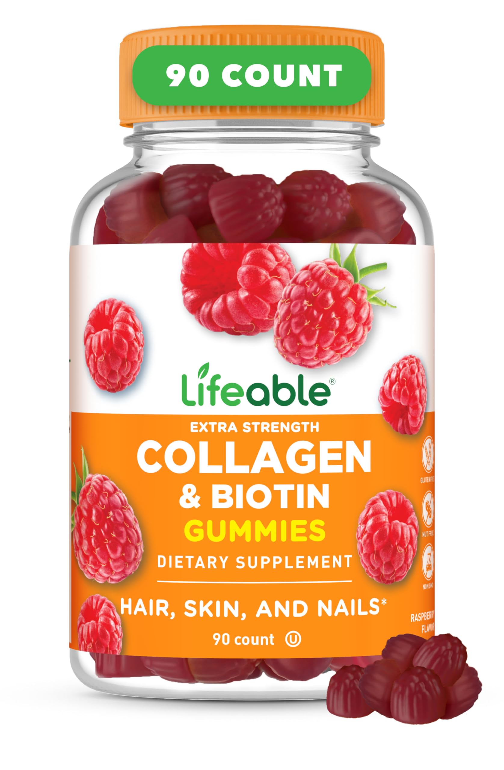 Lifeable Collagen Peptides Gummies 100mg | with 10000mcg Biotin | Great Tasting Biotin and Collagen Supplements | for Hair, Skin, and Nails | Collagen Gummies for Women, Men, Adults | 90 Gummies