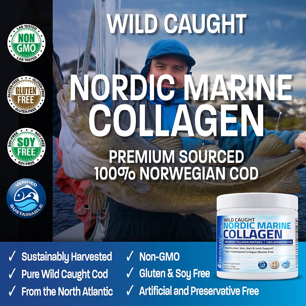 Bronson Marine Collagen Peptides Hydrolyzed Protein Powder 100% Wild Caught Nordic Cod Verified Sustainable Source for Joints Skin Hair Nails & Bones 150g (5.29oz)