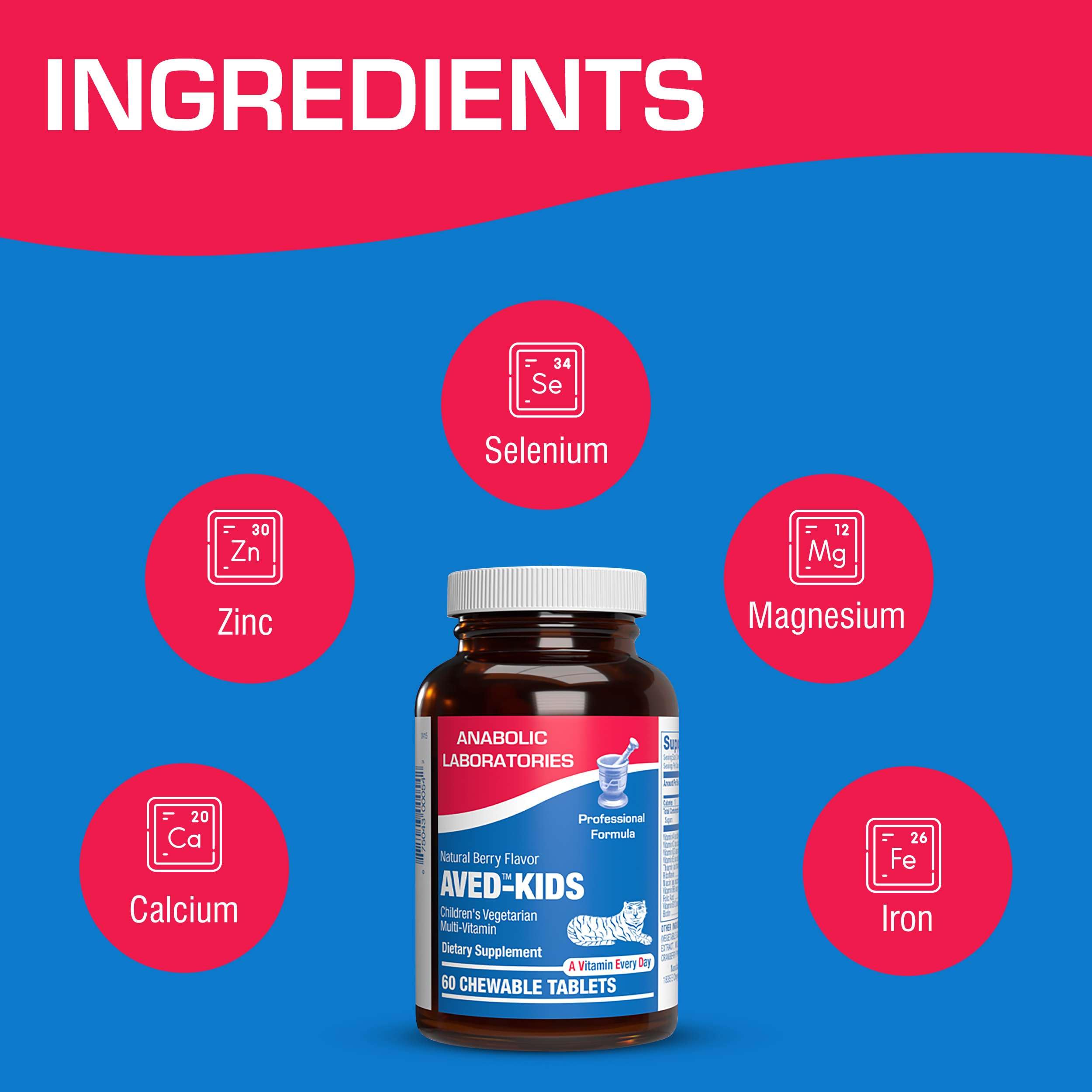 Vitamins for Kids Multivitamin with Iron - 60 Chewable Tiger Tablets with Vitamins A, B-Complex, C, D, E, Iron, Calcium, Magnesium, Zinc, and More - Natural Berry Flavor - AVED Kids