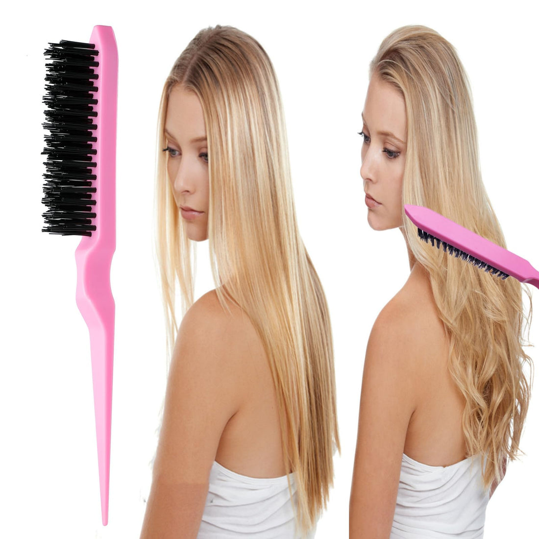 ZVOREI 8Pcs Hair Brushes Set with 4Pcs Topsy Hair Tail Tools 1Pcs Bristle Teasing Hair Brush 1Pcs Edge Control Brush 2Pcs Metal Pin Rat Tail Combs for Woman Girl Styling,Edge&Back Brushing Pink