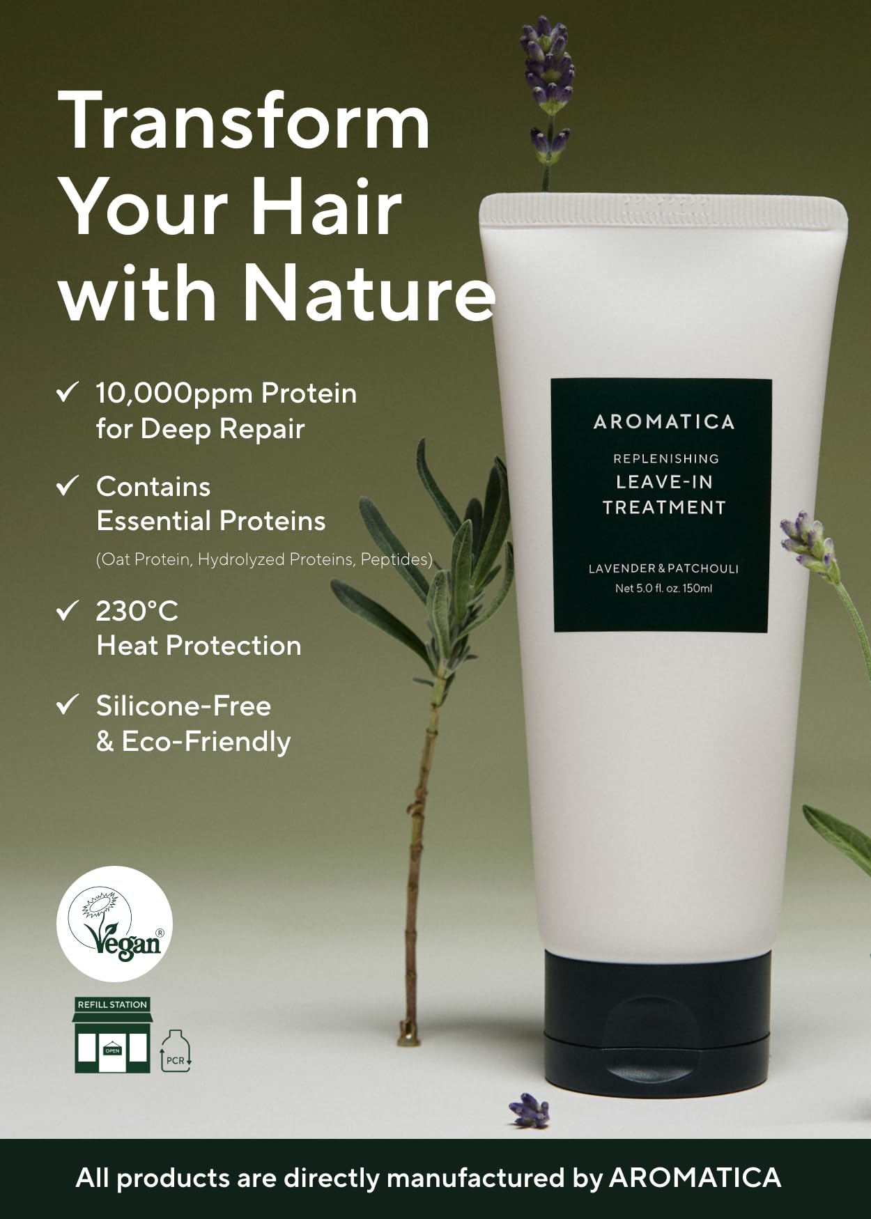 AROMATICA REPLENISHING LEAVE-IN TREATMENT LAVENDER & PATCHOULI 5.0fl oz/150ml - Silicone-Free Leave In Conditioner for Damaged Hair & Heat Protection, No-Rinse Formula