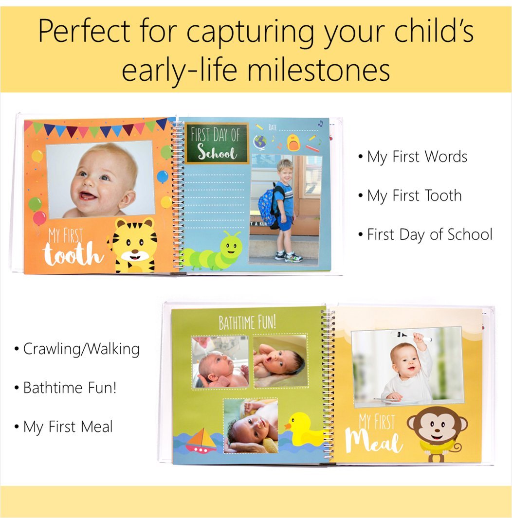 LovelySprouts Baby Memory Book, 57 Pages, Gender-Neutral, Scrapbook-Journal-Photo Album, Includes Monthly Milestones, 80+ Photo Boxes, Hand and Footprints, Keepsake Envelope
