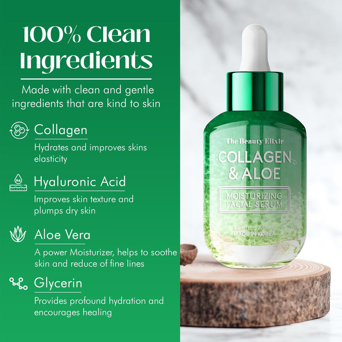 Beauty Elixir Aloe & Collagen Serum For Face - Skin Tightening, Hydrating & Nourishing Anti-Aging Treatment - Clean, Cruelty-Free Korean Skin Care - Dermatologist Tested - 1.69 oz