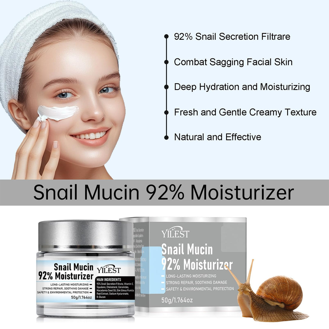 Snail Mucin 92% Moisturizer Daily Face Moisturizer Hydrating, Snail Mucin Moisturizer for Dry & Sensitive Skin, Snail 92 All In One Cream, Snail Mucin Cream Increase Skin Vitality 50g / 1.76oz