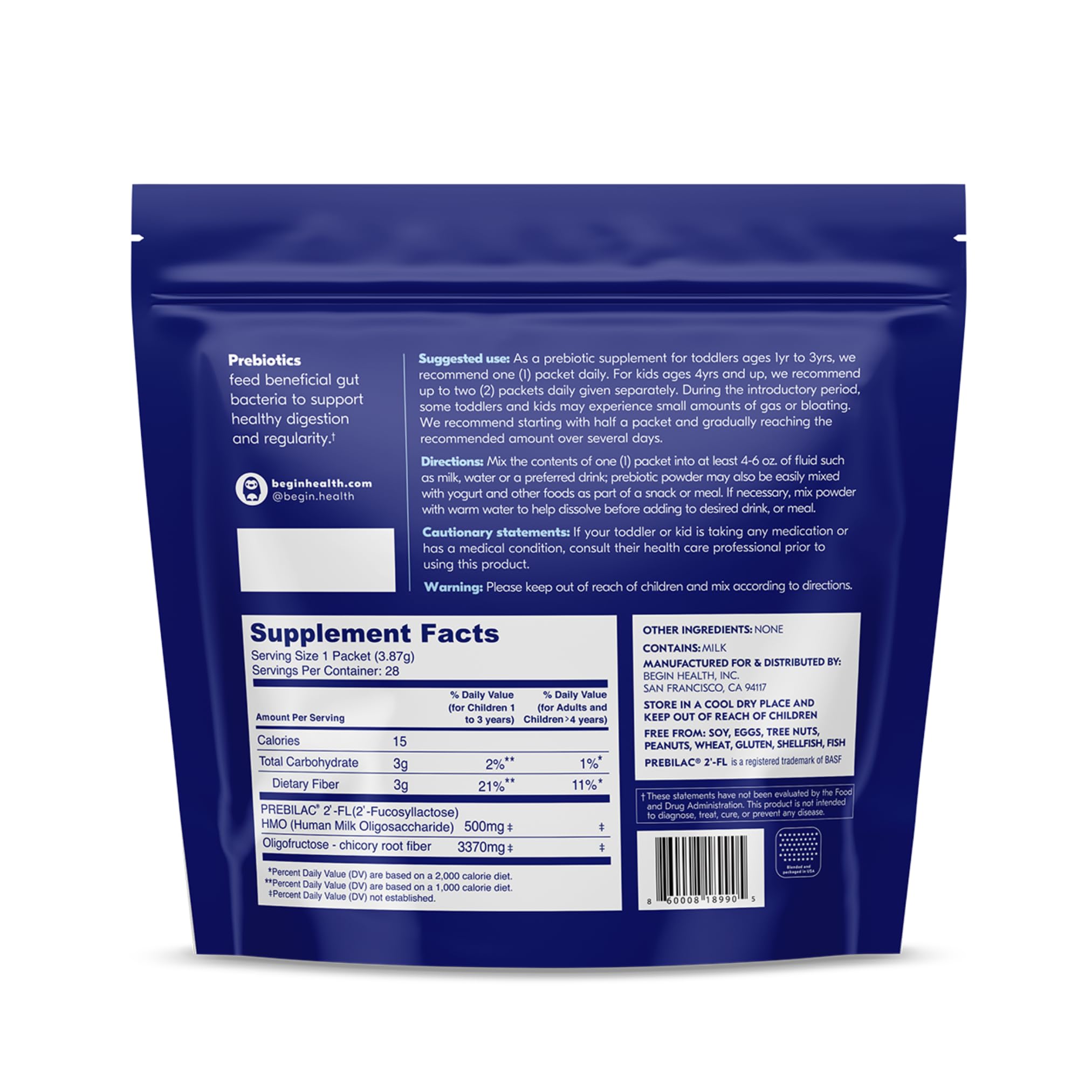 Begin Health Growing Up Prebiotics for Kids 28-Packs | Prebiotic Soluble Powder Stool Softeners and Digestive Gut Health Supplement | Ideal to Mix with Kids Daily Beverages and Soft Foods - Unflavored