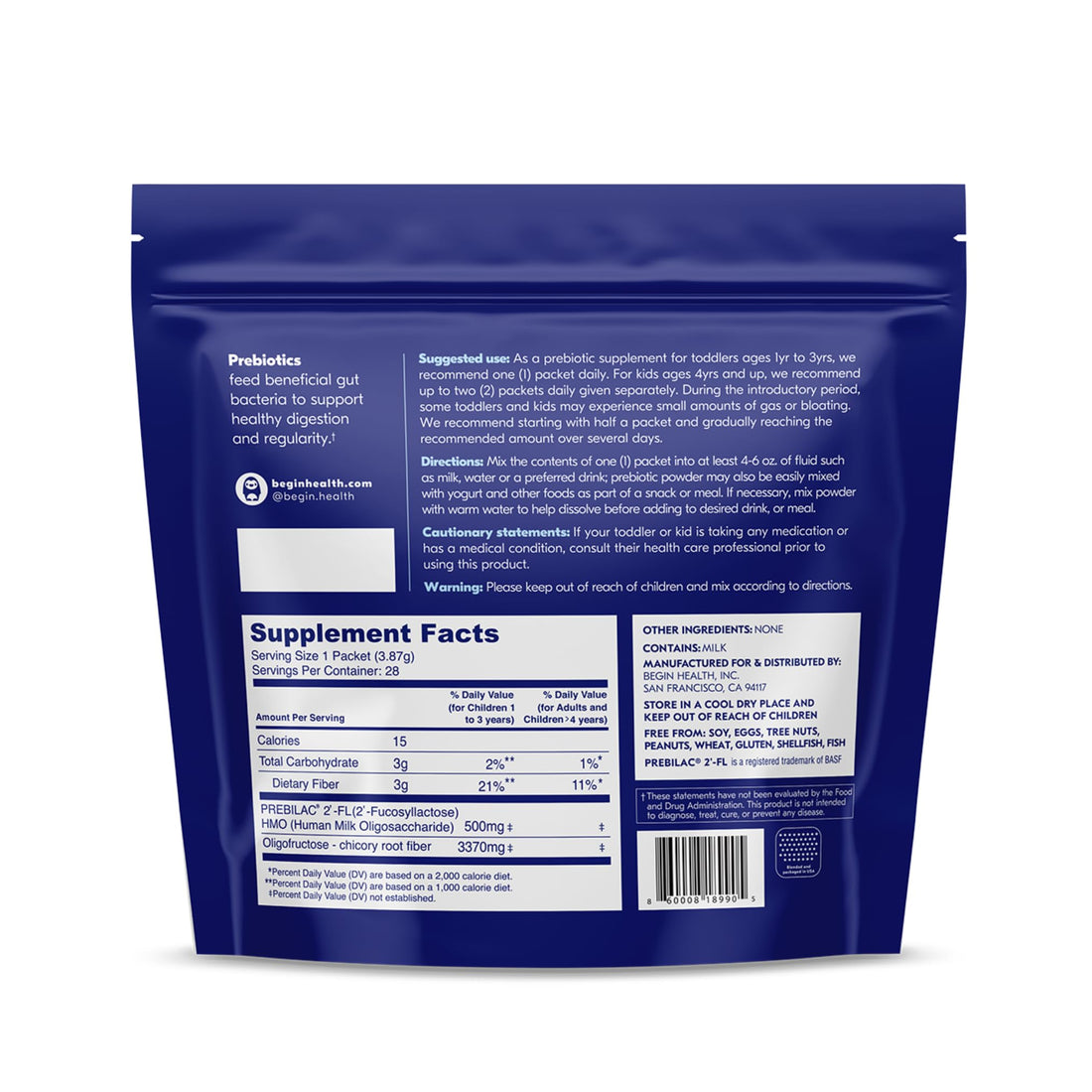 Begin Health Growing Up Prebiotics for Kids 28-Packs | Prebiotic Soluble Powder Stool Softeners and Digestive Gut Health Supplement | Ideal to Mix with Kids Daily Beverages and Soft Foods - Unflavored