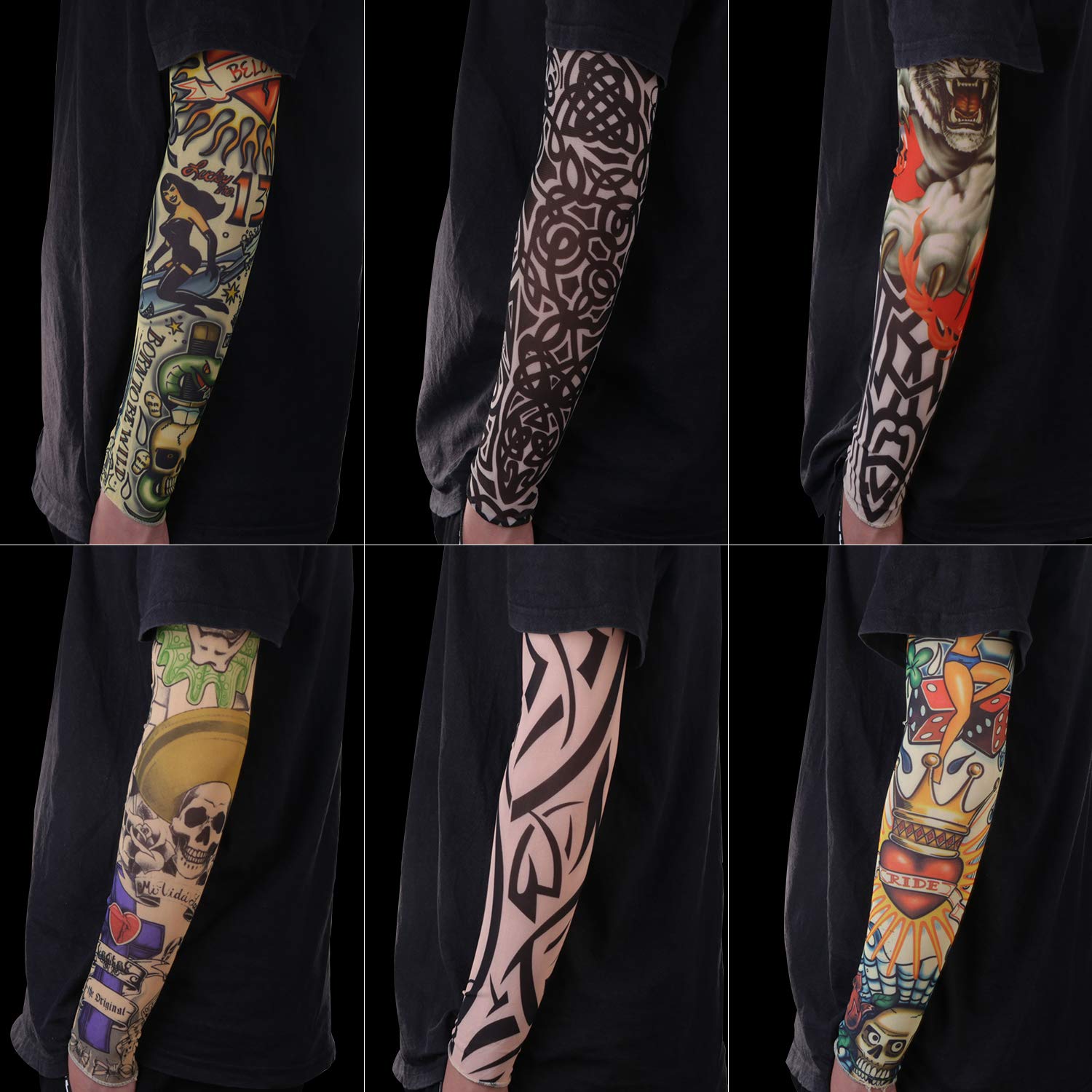 Gospire 6 Pcs Nylon Fake Temporary Tattoo Sleeves Body Art Arm Stockings Slip Accessories Tatoo Soft For Men Women
