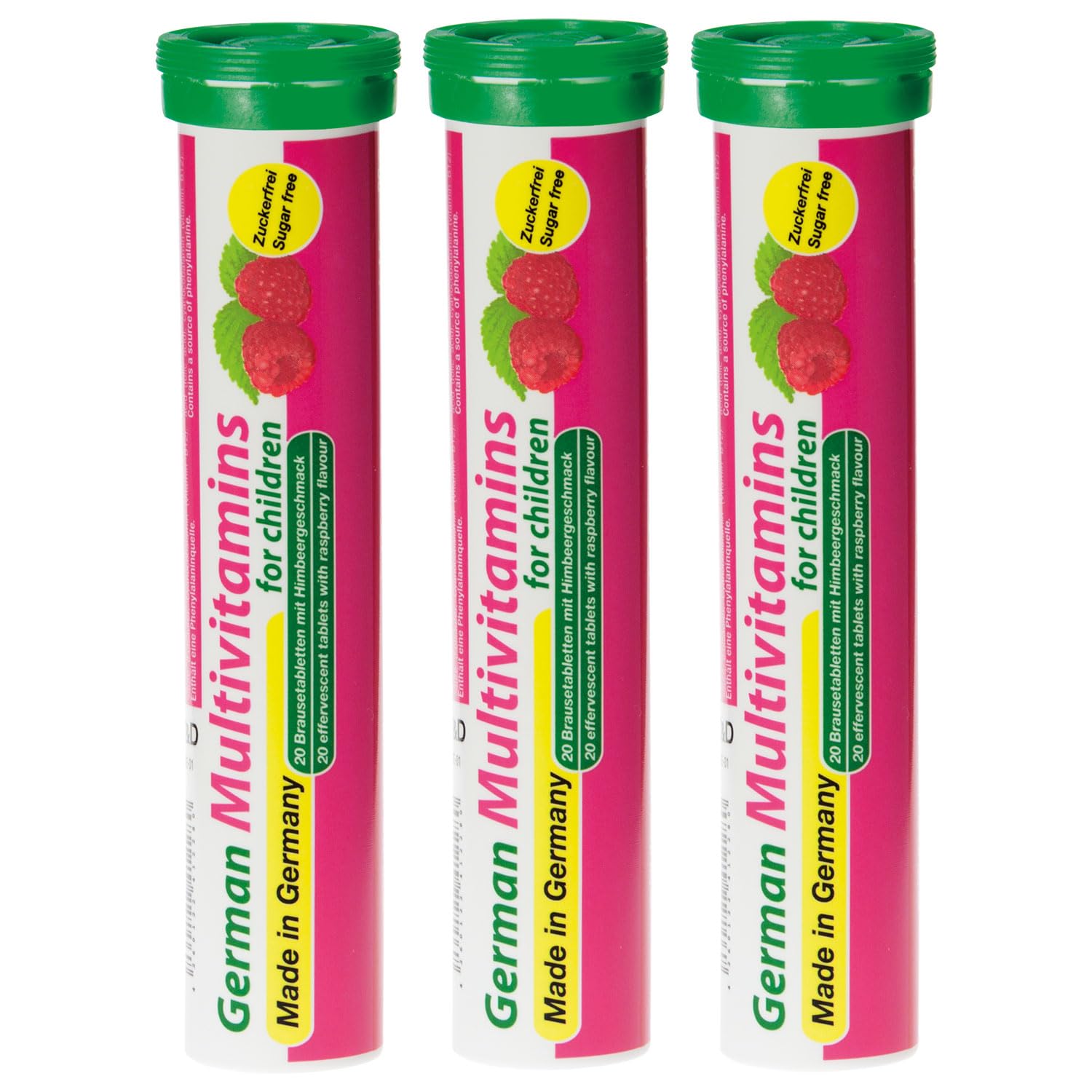 T&D German Multivitamin for Children 60 Drink Effervescent Tablets - Sweet Raspberry Flavour, Sugar Free, Vegan - Vitamin C, E, B1, B2, B6, B12, Folic Acid, Niacin Pharma – Made in Germany