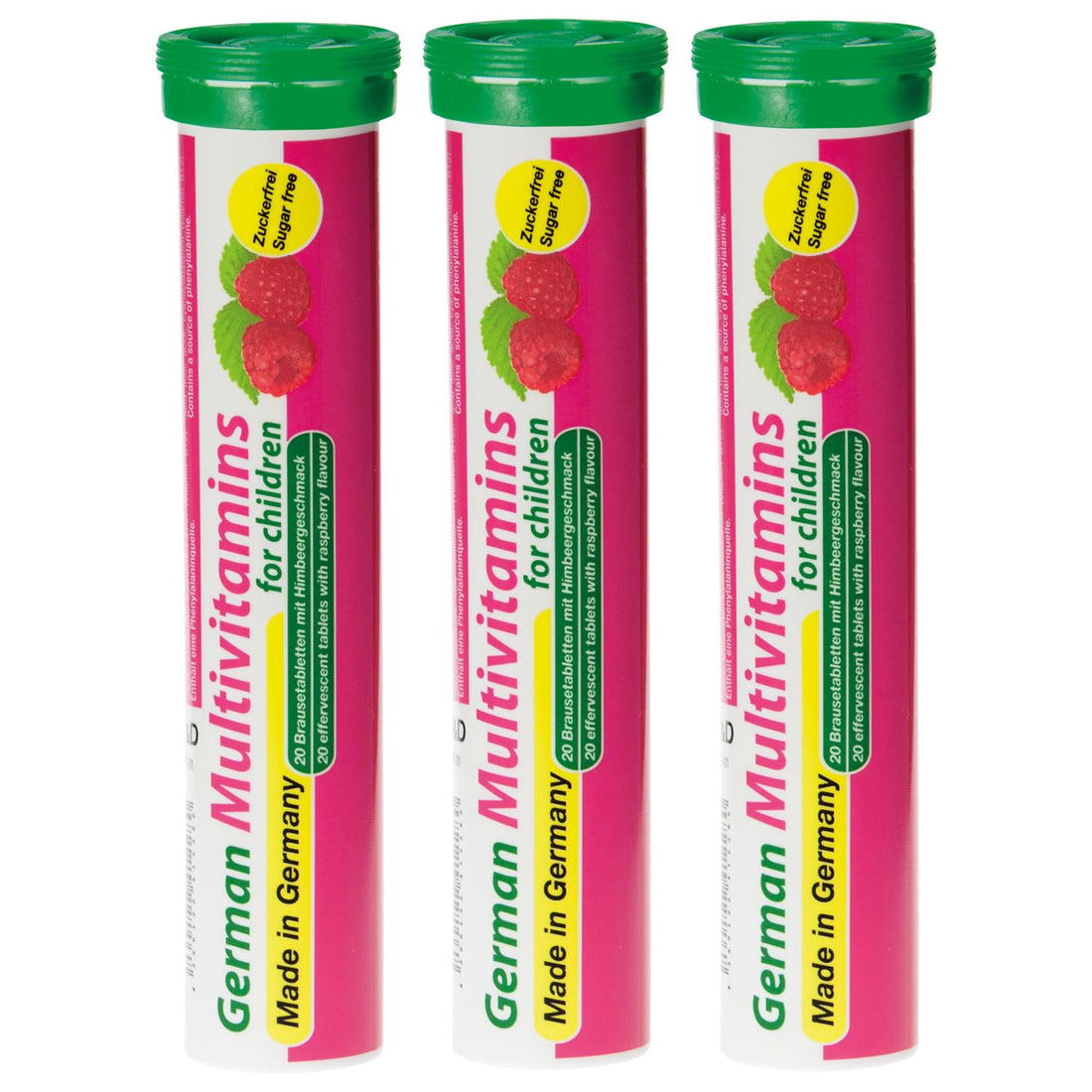T&D German Multivitamin for Children 60 Drink Effervescent Tablets - Sweet Raspberry Flavour, Sugar Free, Vegan - Vitamin C, E, B1, B2, B6, B12, Folic Acid, Niacin Pharma – Made in Germany