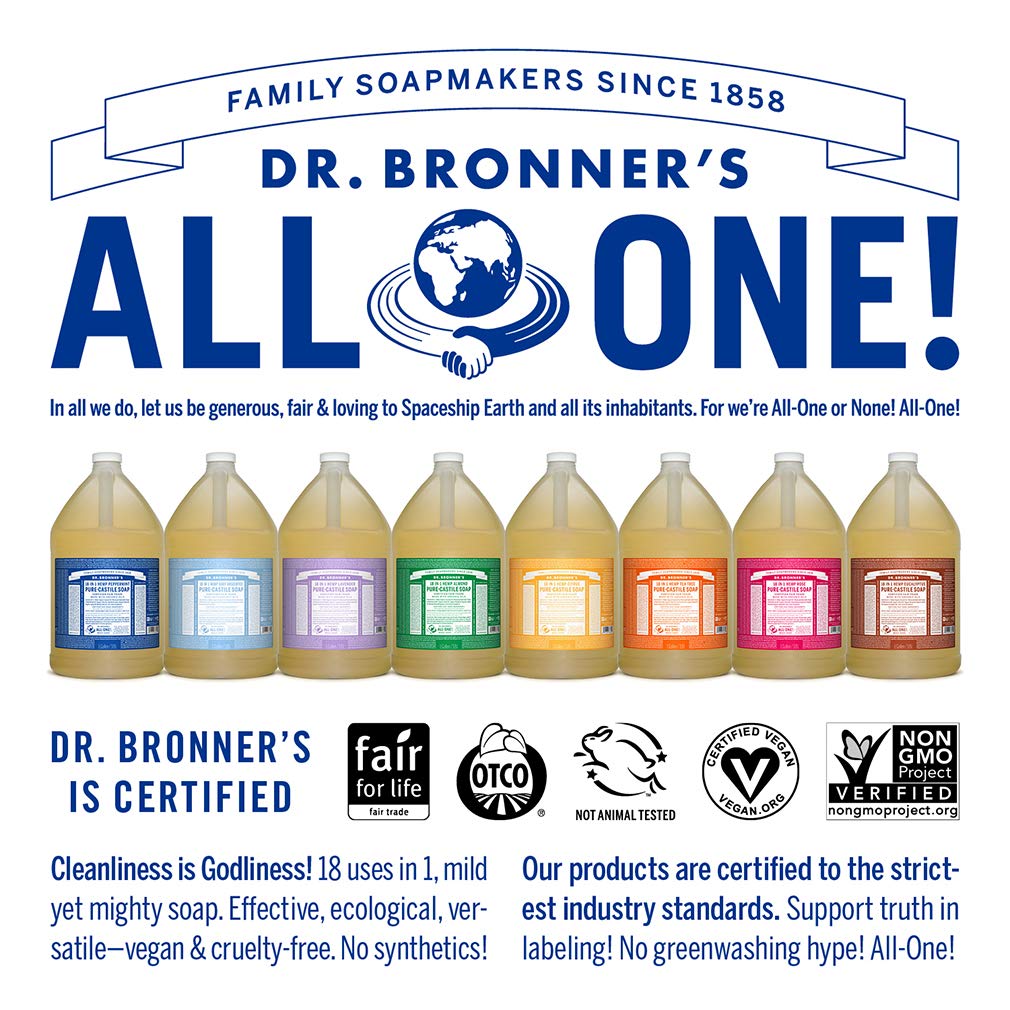 Dr. Bronnerââ‚¬â„¢s - Pure-Castile Liquid Soap (Almond, 1 Gallon) - Made with Organic Oils, 18-in-1 Uses: Face, Body, Hair, Laundry, Pets and Dishes, Concentrated, Vegan, Non-GMO