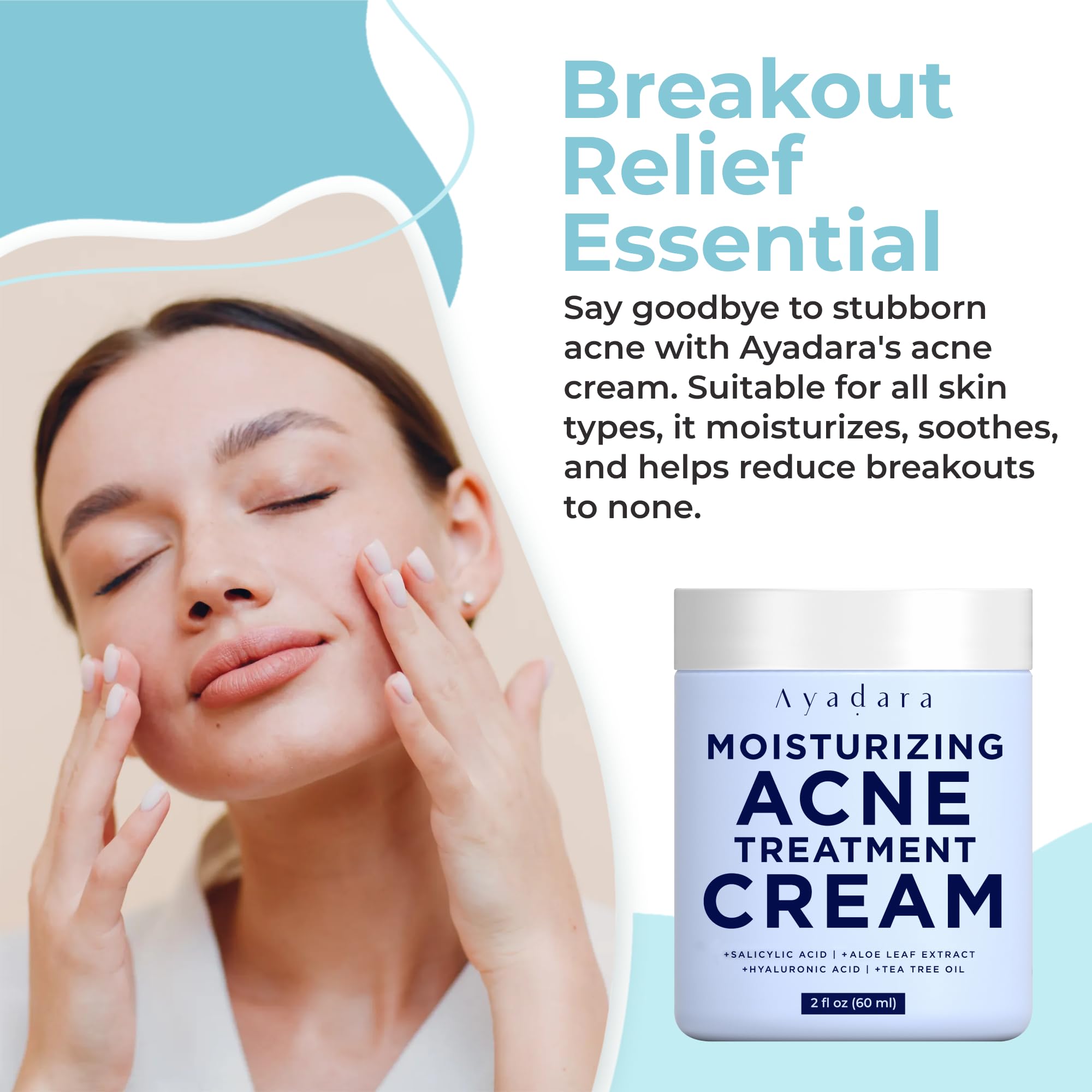 Moisturizing Acne Treatment Cream, Salicylic Acid Face Moisturizer for Oily & Acne Prone Skin, Pimple, Blackhead, Whitehead, Hormonal, & Cystic Acne Treatment for Men, Women, 90-Day Supply by Ayadara