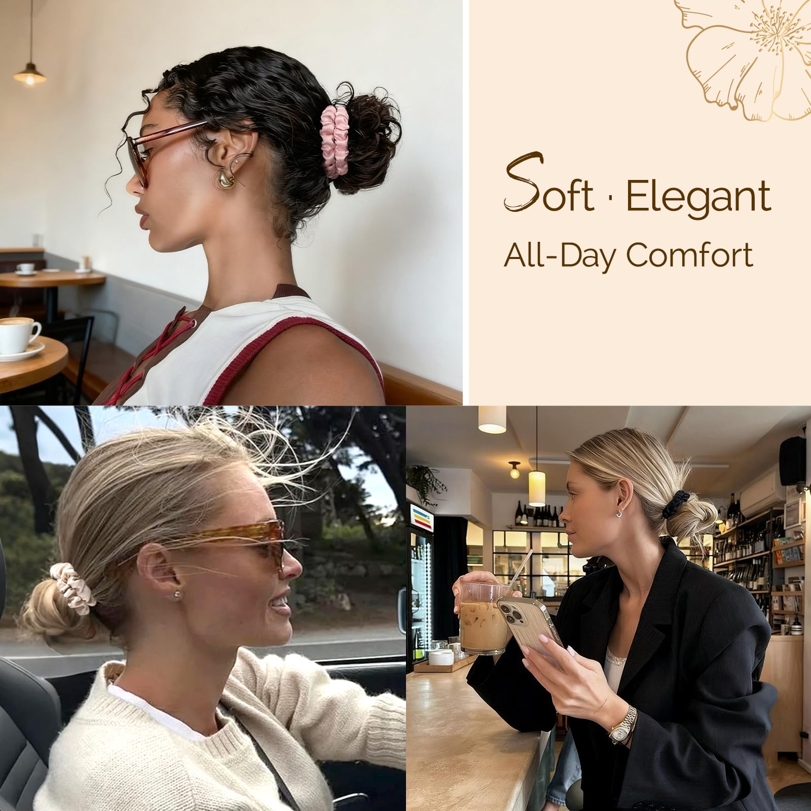 Yanibest 6 pcs 100% Pure Mulberry Silk Scrunchies Non Slip Scrunchies No Damage Silk Hair Ties for Women and Girls, Black Champagne Pink