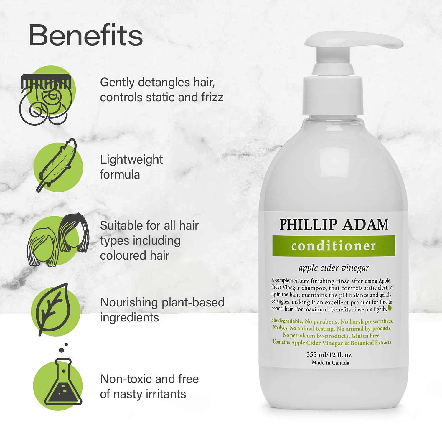 Phillip Adam Apple Cider Vinegar Conditioner for Shiny Hair - No Harsh Preservatives - For All Hair Types - 12 Ounce