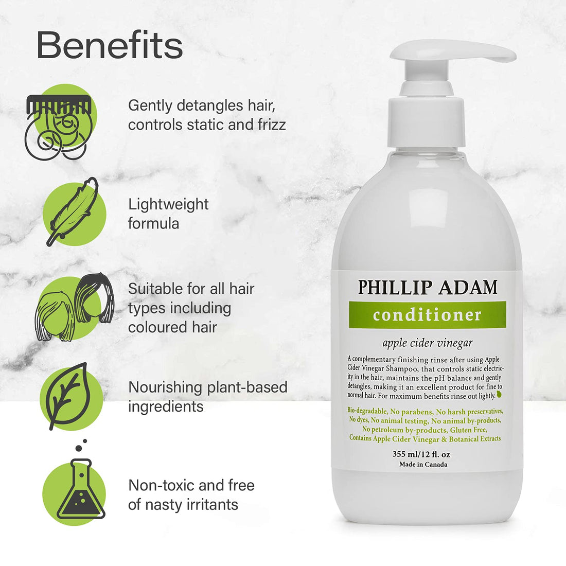 Phillip Adam Apple Cider Vinegar Conditioner for Shiny Hair - No Harsh Preservatives - For All Hair Types - 12 Ounce