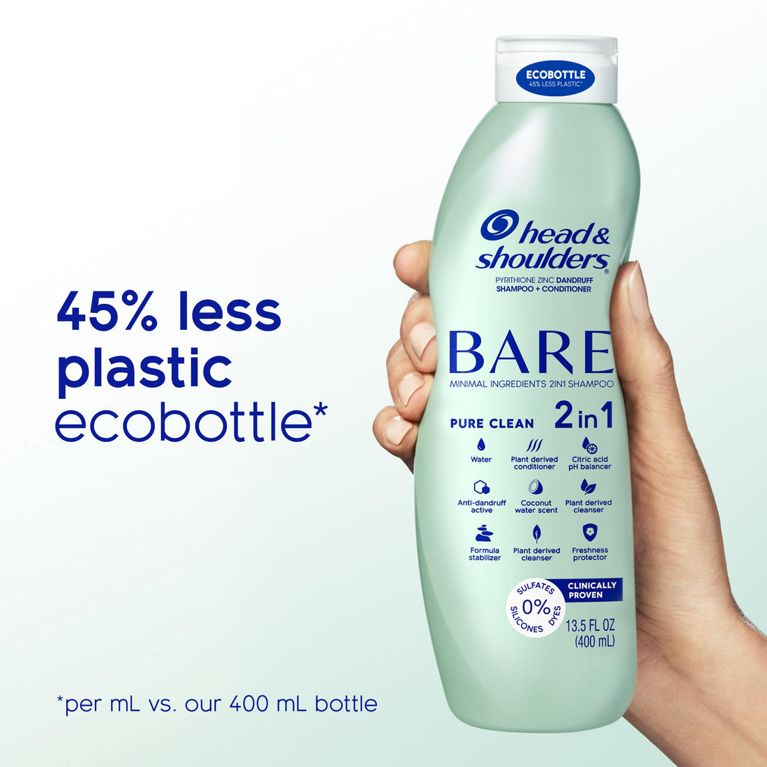 Head & Shoulders BARE 2-in-1 Dandruff Shampoo And Conditioner Twin Pack, Pure Clean, Sulfate-Free, Silicone-Free, Dye-Free, Eco-Friendly Bottles, Safe for All Hair Types, 13.5 Fl Oz Each (Set of 2)
