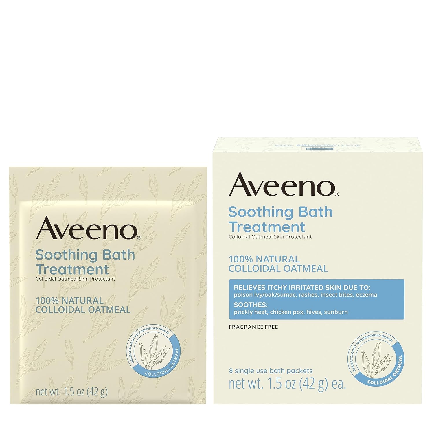 Aveeno Fragrance Free Soothing Bath Treatment, 100% Natural Colloidal Oatmeal, Sensitive Skin Bath Soak for Relief of Dry, Itchy, Irritated Skin Due to Eczema & Hives, Bath Packets, 8 ct. (Pack of 2)