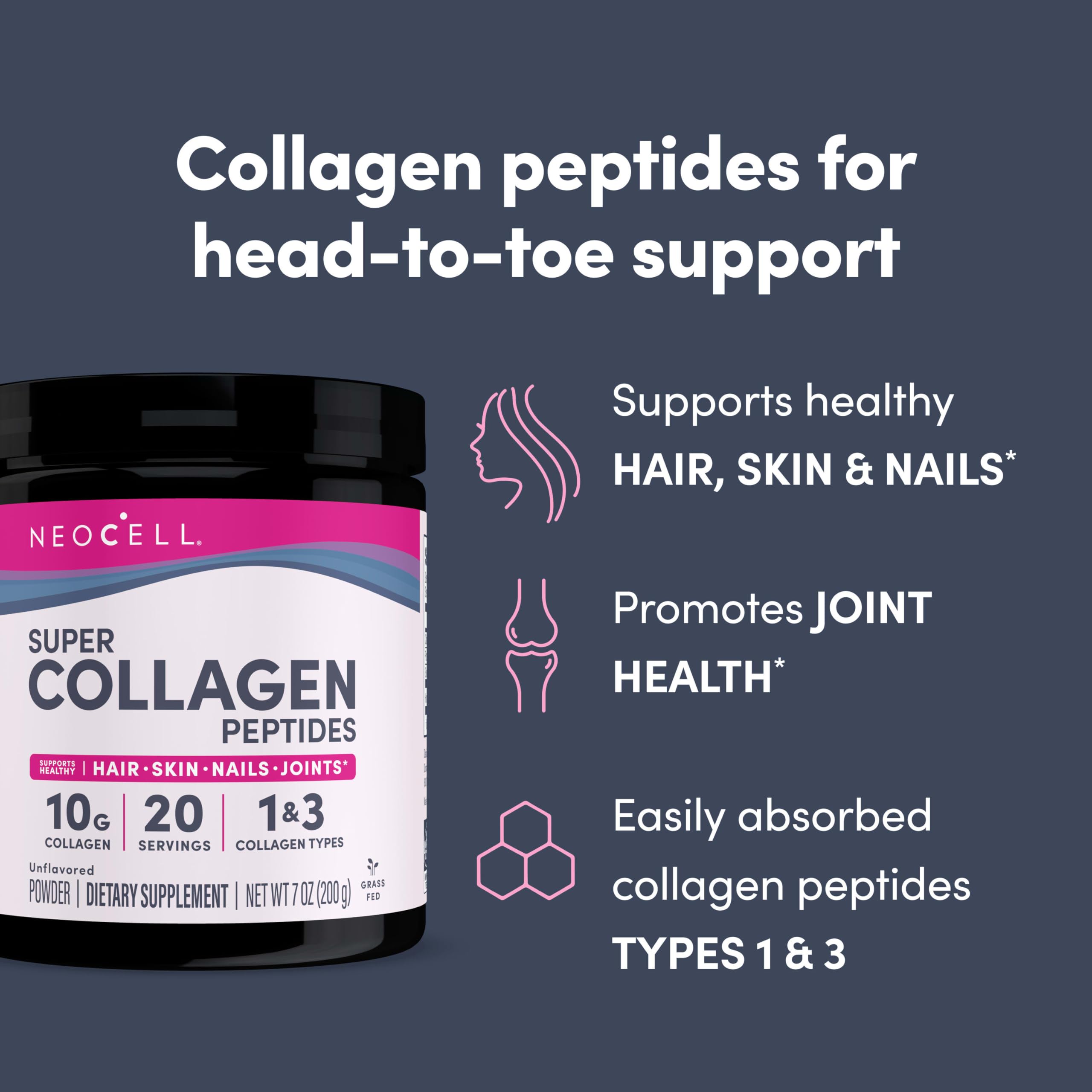 NeoCell Super Collagen Peptides, 10g Collagen Peptides per Serving, Gluten Free, Keto Friendly, Non-GMO, Grass Fed, Healthy Hair, Skin, Nails and Joints, Unflavored Powder, 7 oz., 1 Canister