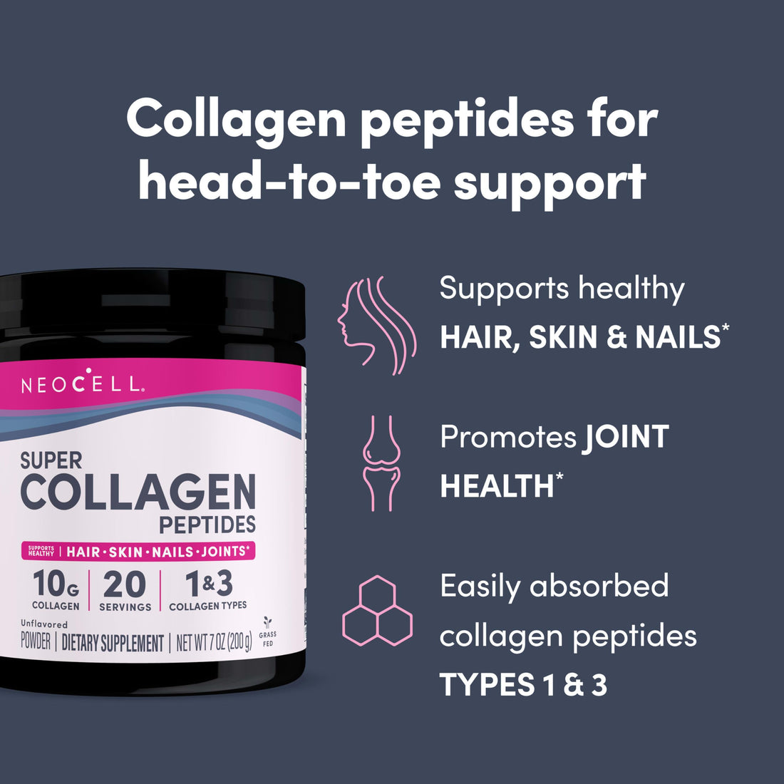 NeoCell Super Collagen Peptides, 10g Collagen Peptides per Serving, Gluten Free, Keto Friendly, Non-GMO, Grass Fed, Healthy Hair, Skin, Nails and Joints, Unflavored Powder, 7 oz., 1 Canister