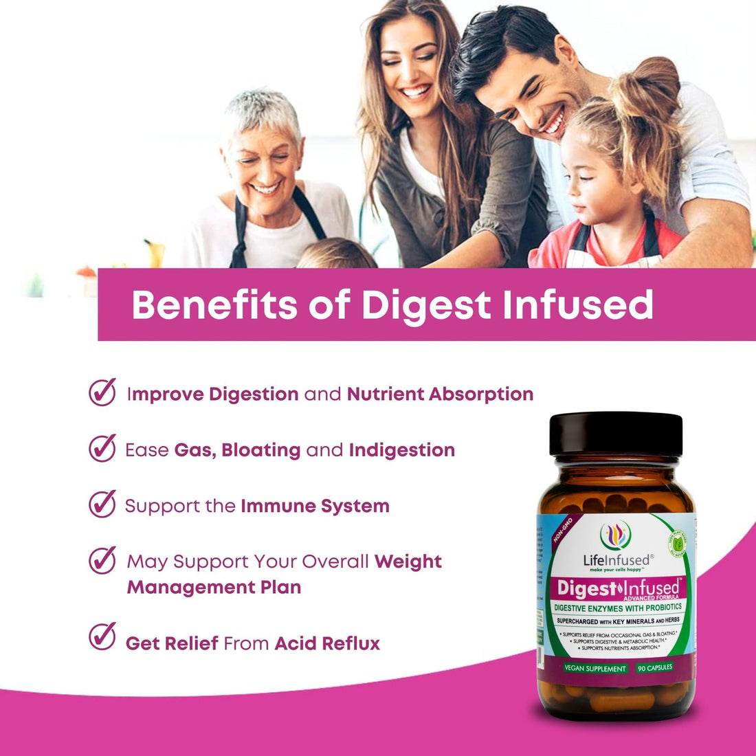 Life Infused - Premium Digestive Enzyme Supplements - 21 Plant-Based Enzymes, Proteases, Bromelain, Amylase, Papain - Probiotics, 72 Key Minerals & Herbs - Ease Gas & Bloating. 90 Servings.