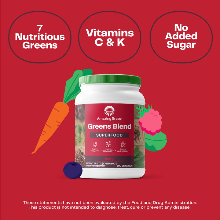 Amazing Grass Greens Superfood Powder: Greens Powder with Digestive Enzymes & Probiotics, Organic Spirulina, Chlorella, and Beet Root Powder, Berry, 100 Servings