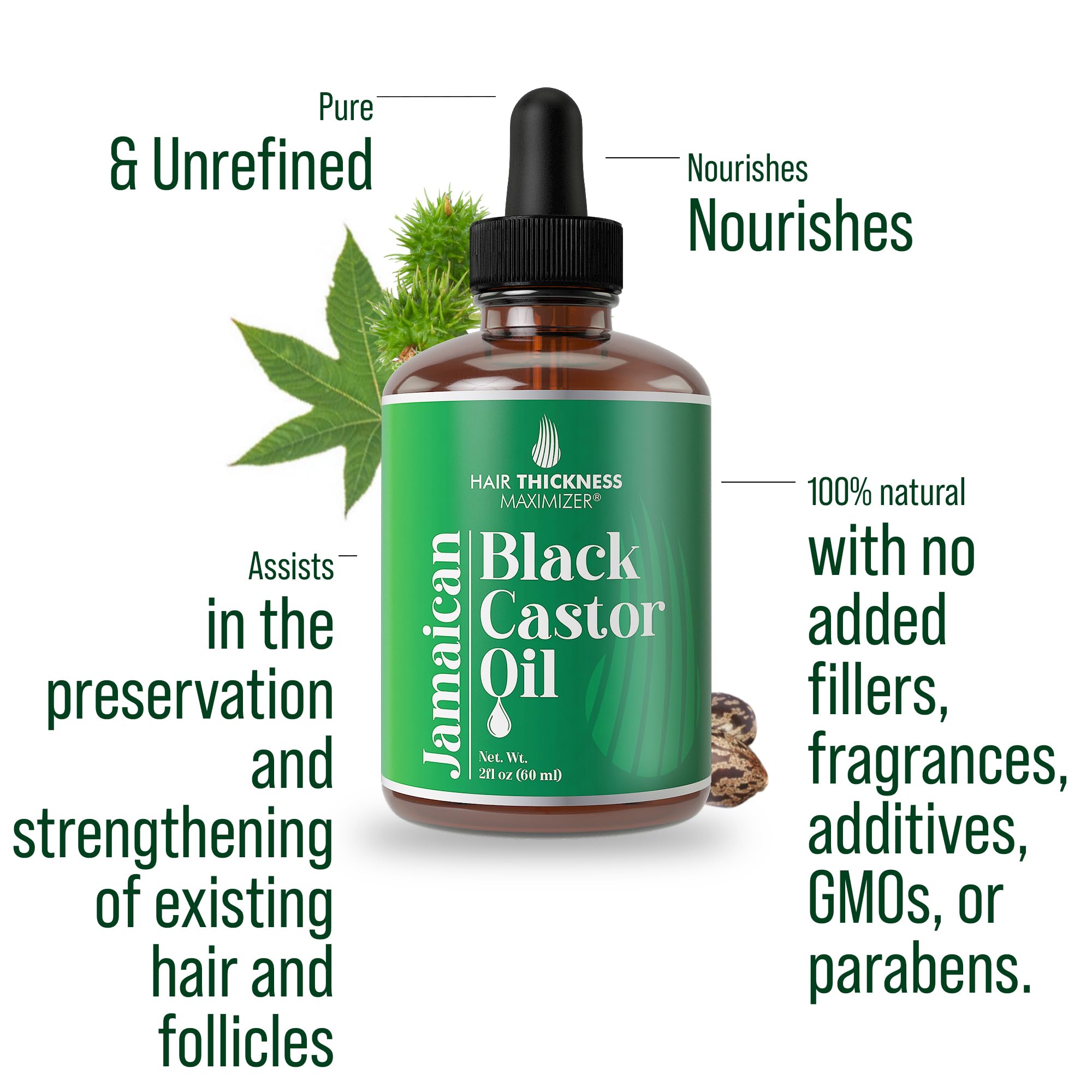 100% Organic Cold-Pressed Jamaican Black Castor Oil (2fl Oz) By Hair Thickness Maximizer. PURE + UNREFINED Oils For Thickening Hair, Eyelashes, Eyebrows. Avoid Hair Loss, Thinning Hair for Men + Women