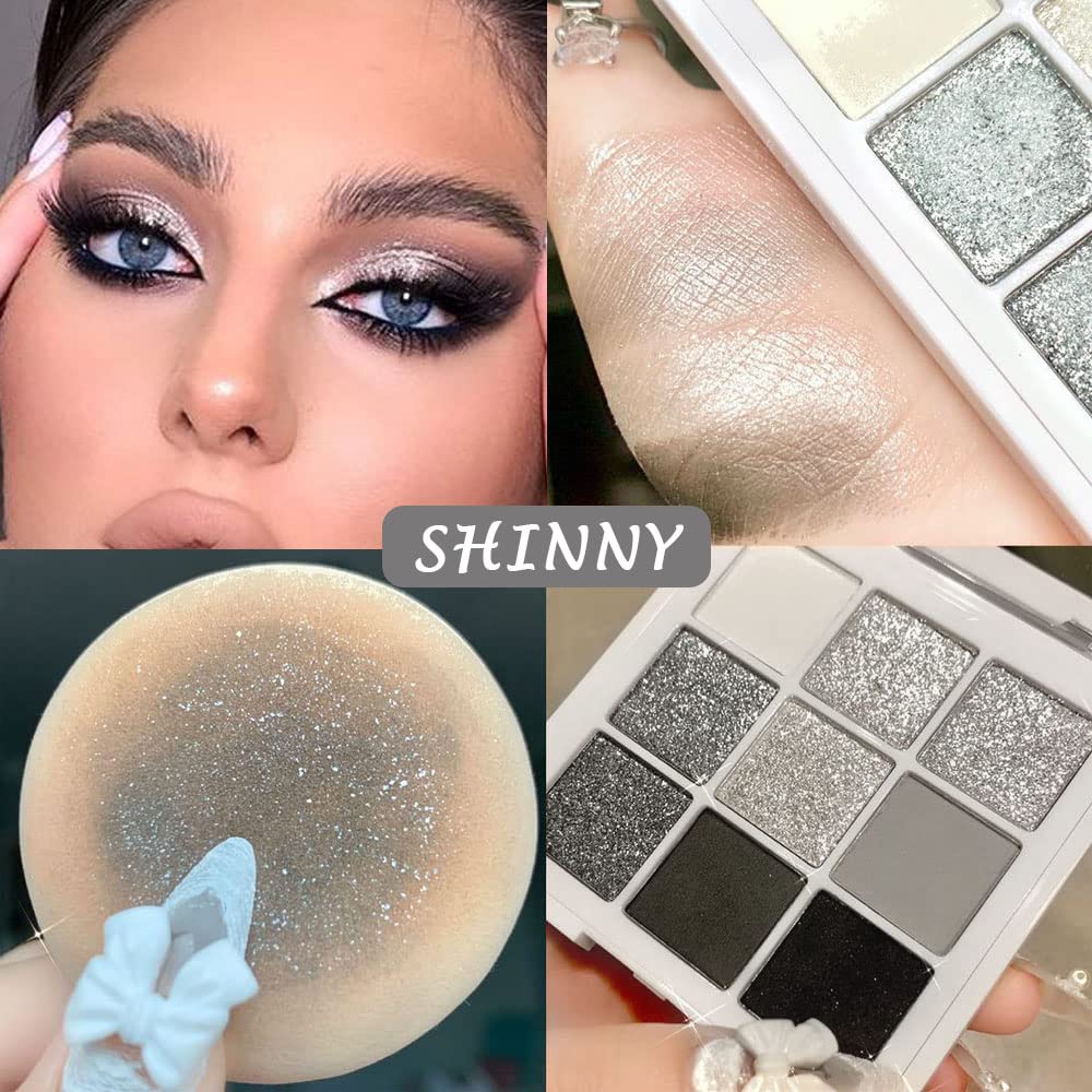evpct 9 Colors Black Smokey Grey Gray Silver Glitter Shimmer Eye Shadow Makeup Palette Highly Pigmented Black Glitter Eyeshadow Makeup Palette sombra negra para ojos para ojos brillantes