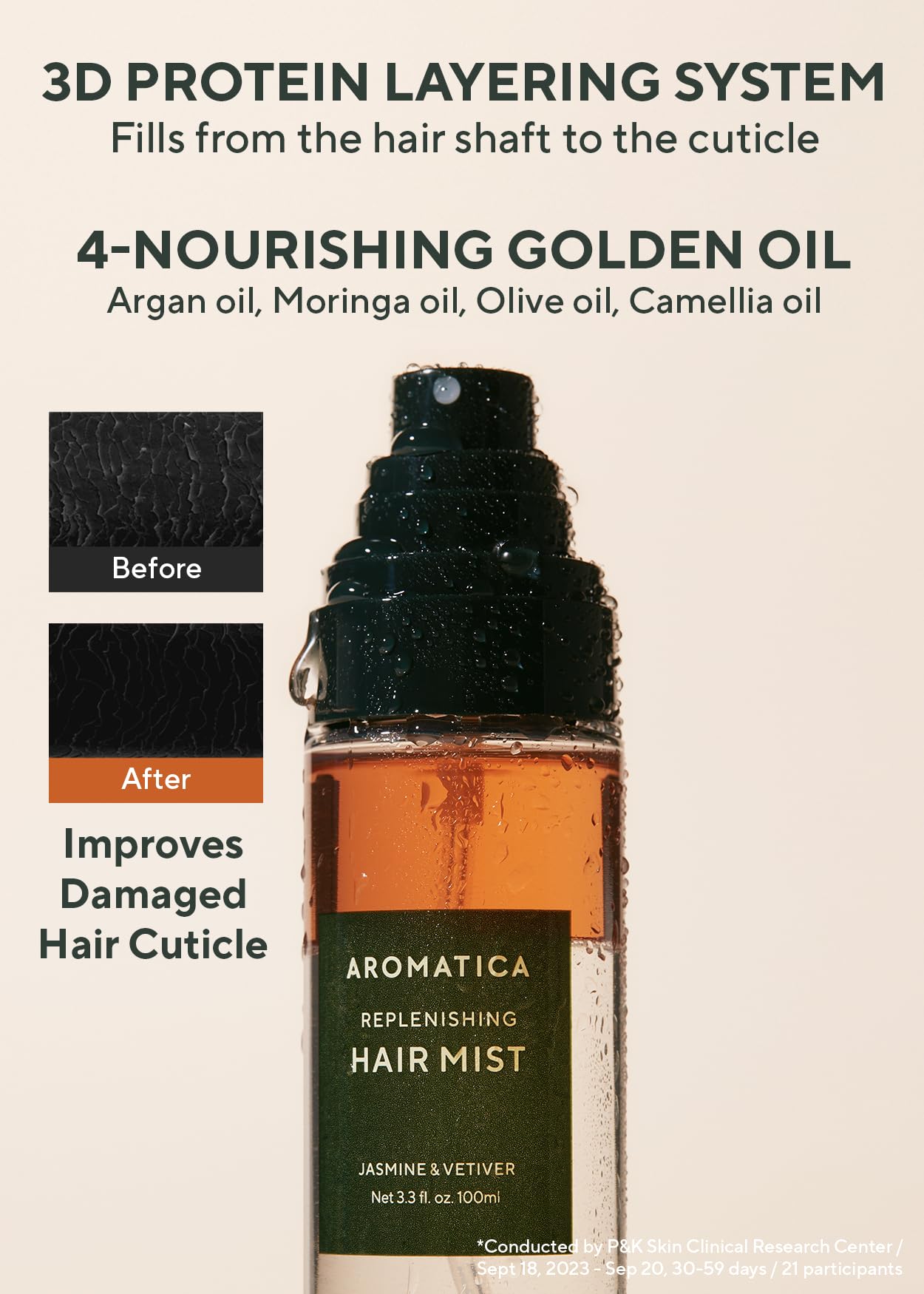 AROMATICA REPLENISHING HAIR MIST JASMINE & VETIVER 3.3fl oz/100ml - Leave In Conditioner Spray & Hair Perfume for Women - Silicone-Free, Detangling, Smoothing & Moisturizing, with Essential Oils