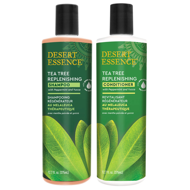 Desert Essence All Natural Organic Tea Tree Replenishing Shampoo and Conditioner For Dry Flaky Scalp With Aloe Vera, Eucalyptus, Peppermint Essential Oil, Keratin and Yucca, 12.9 fl. oz. each
