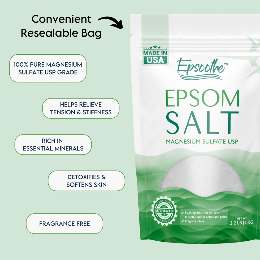 LA SALT CO Epsoothe 2.2 Lbs Epsom Salt Bath & Foot Soak and Scrub | Pure & Natural Magnesium Sulfate USP | Relieves Sore Muscles & Joints, Promotes Healing