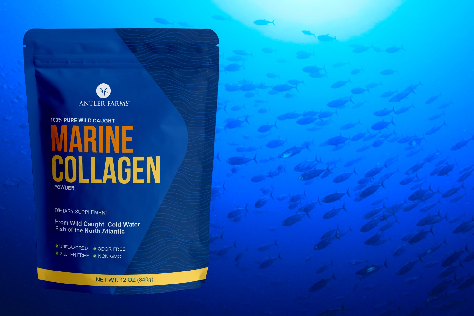 Antler Farms - 100% Pure, Clean Marine Collagen Powder from Wild Caught Pacific Snapper, 12 oz – Soluble in Hot or Cold Liquids, Highly Bioavailable, Rapid Absorption, No Taste or Smell