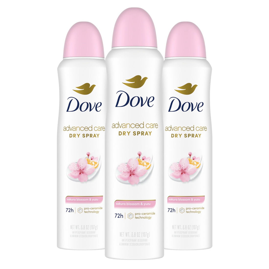 Dove Advanced Care Antiperspirant Deodorant Spray for Women 3 Pack Sakura Blossom & Yuzu 72 hour sweat and odor protection 3.8 oz