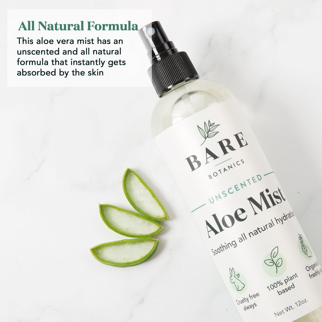 BARE BOTANICS Cooling Aloe Spray for Skin & Hair 12 oz (Large) - After Sun Spray & Aloe Hair Moisturizer - All Natural 99.7% Pure Unscented Aloe Vera Spray Made in Madison, WI