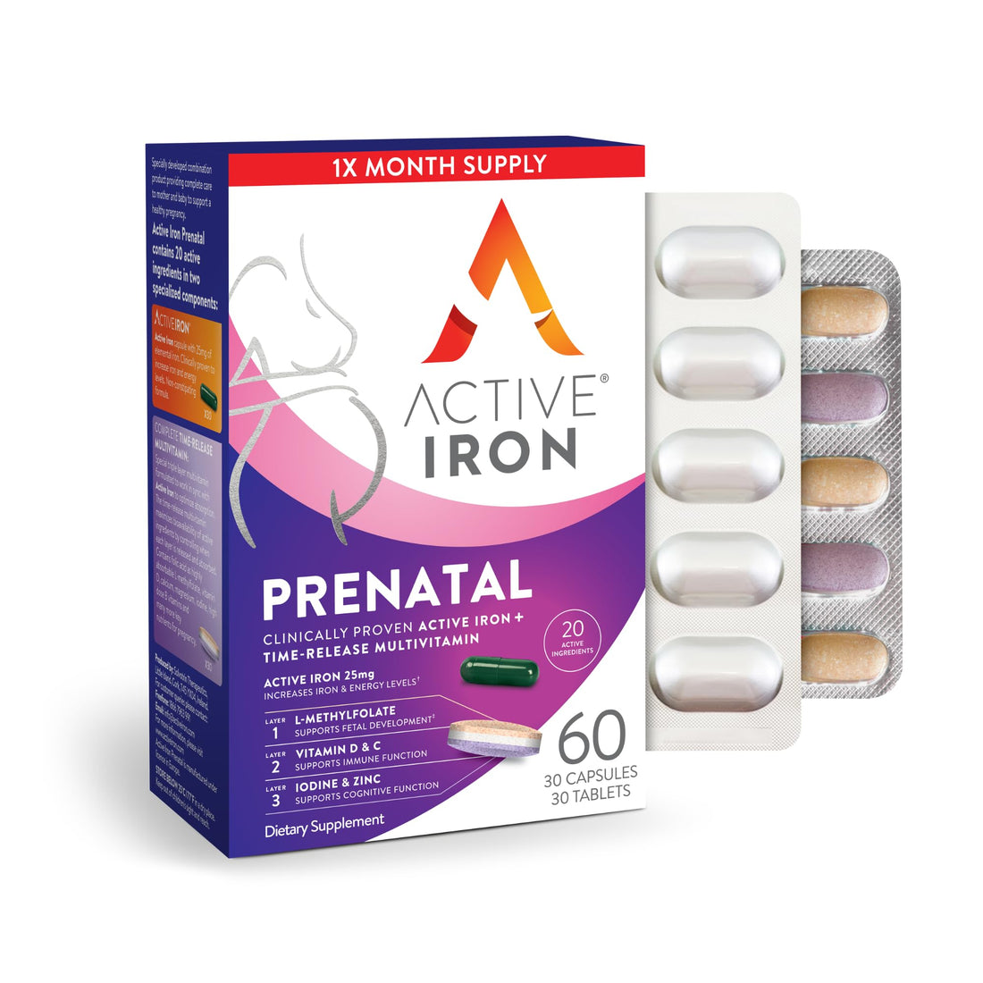 Active Iron Prenatal, Iron Supplement + Prenatal Vitamins for Women, 30 Non-Constipating Active Iron Capsules + 30 Time-Release Multivitamins, Pregnancy, Breastfeeding & Postpartum Essentials