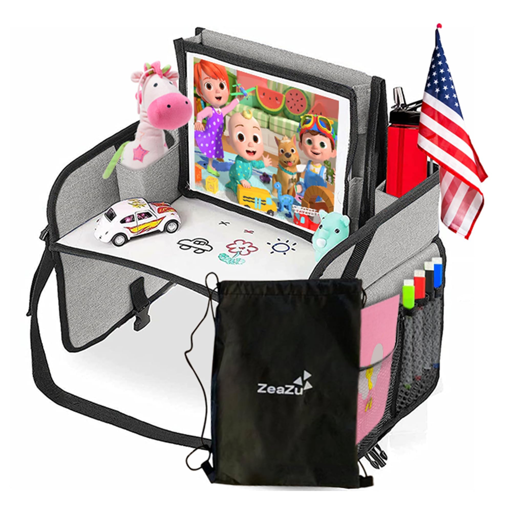 ZEAZU Kids Travel Tray - Foldable Toddler Lap Desk with Dry Erase Board, Car Seat Tray for Toddler, Waterproof Lap Tray for Airplane Kids Travel Essentials for Road Trip Activities, Silver