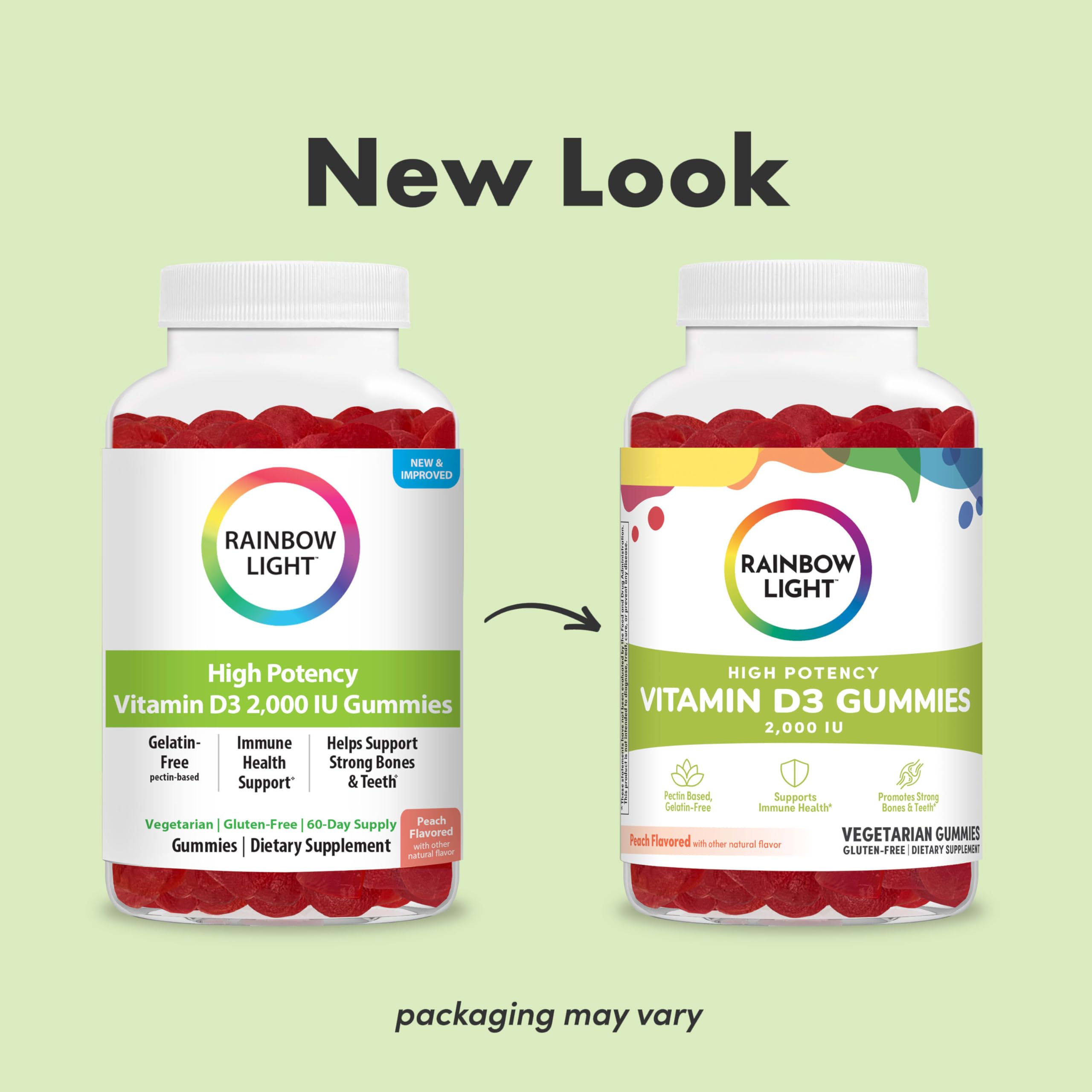 Rainbow Light Vitamin D Gummies, High Potency Vitamin D3 2,000IU Immune Health Support, Helps Support Strong Bones & Teeth, Gluten Free, Vegan, Peach, 120 Gummies