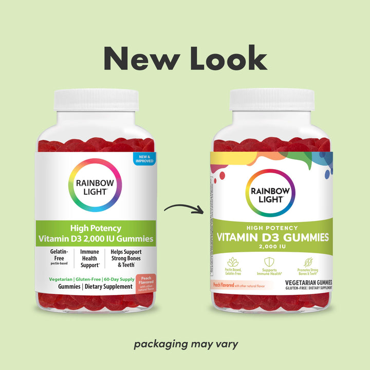 Rainbow Light Vitamin D Gummies, High Potency Vitamin D3 2,000IU Immune Health Support, Helps Support Strong Bones & Teeth, Gluten Free, Vegan, Peach, 120 Gummies