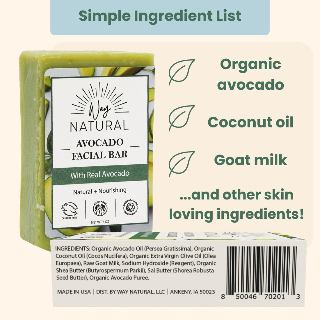 Way Natural Avocado Goat Milk Soap Bar - Unscented, Facial Natural Bar Soap for Men & Women - Handmade w/Real Milk - Face Wash/Hands/Body, Gently Exfoliating - Premium, No Dyes (3oz)