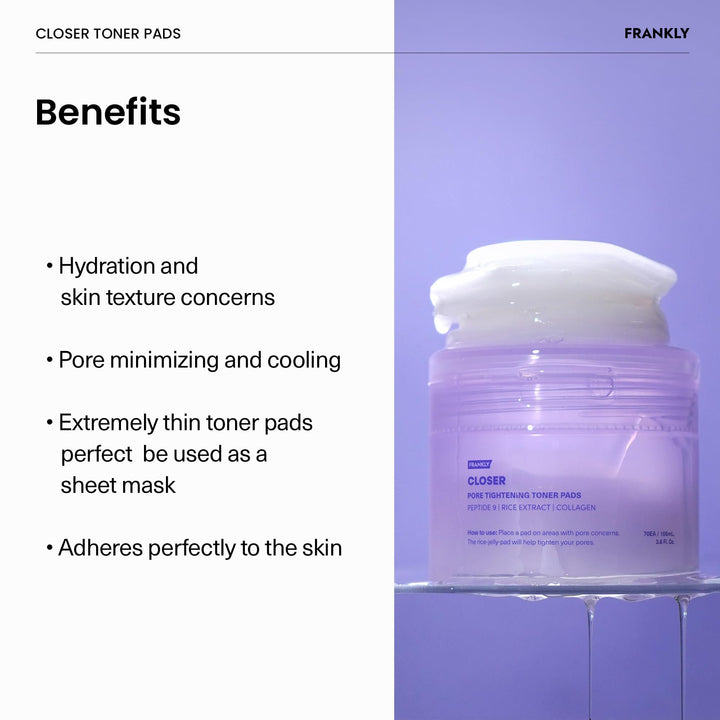 FRANKLY Closer Pore Minimizer Toner Pads l Rice Jelly Pads with 9 Peptides, Vegan Collagen, Rice Extract l Hydrating for All skin types l Korean Skin Care