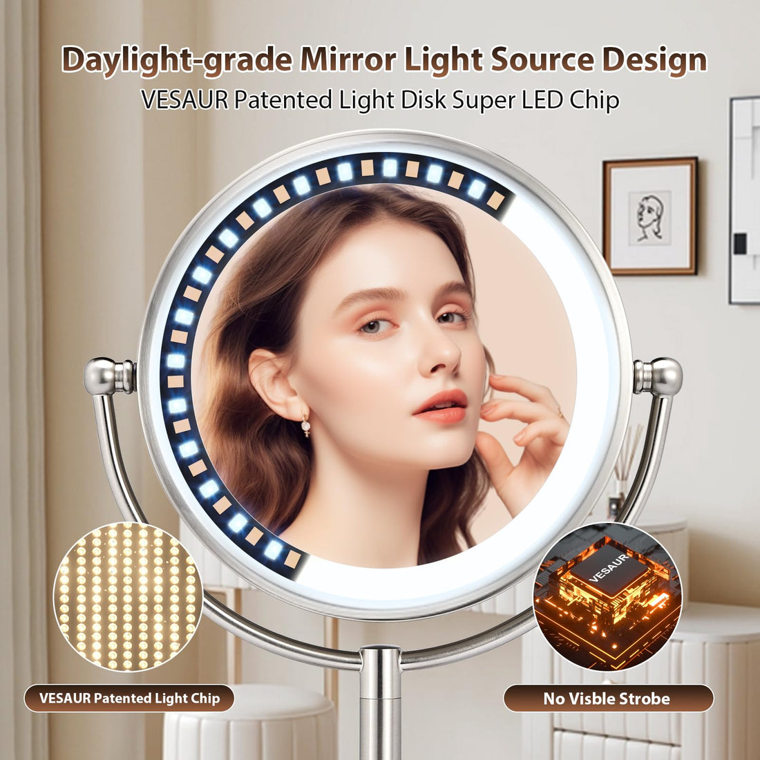Professional 8.5 Large Lighted Makeup Mirror with Brighter Lights, 1X/10X True HD Magnifying Mirror with 3 Color Dimmable Lights, 90 Shadowless LEDs, 360°Swivel Seamless Vanity Mirror, Pearl Nickel