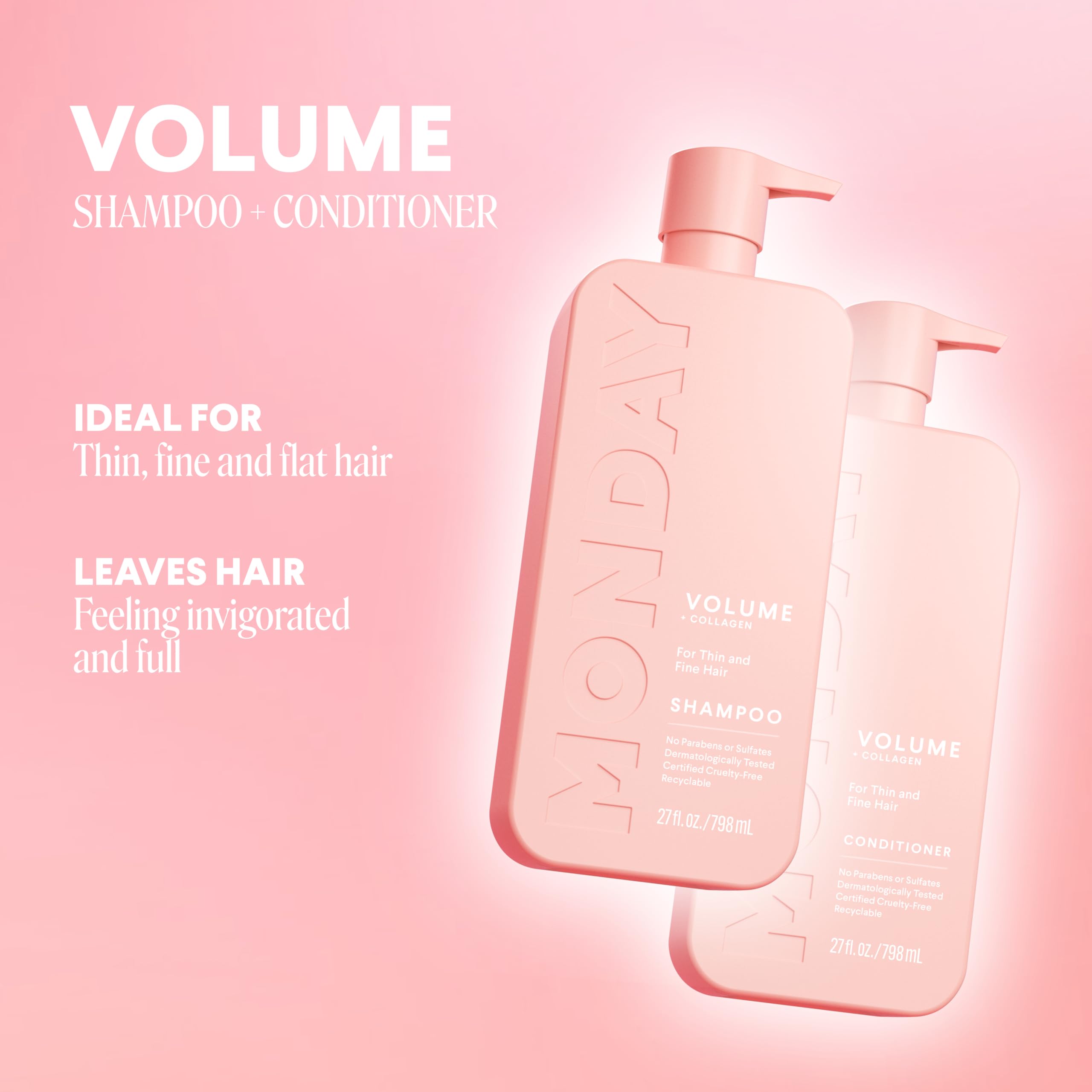 MONDAY HAIRCARE Volume Shampoo + Conditioner Set (2 Pack) 27oz Each for Thin, Fine, and Oily Hair, Made from Coconut Oil, Ginger Extract, & Vitamin E, 100% Recyclable Bottles