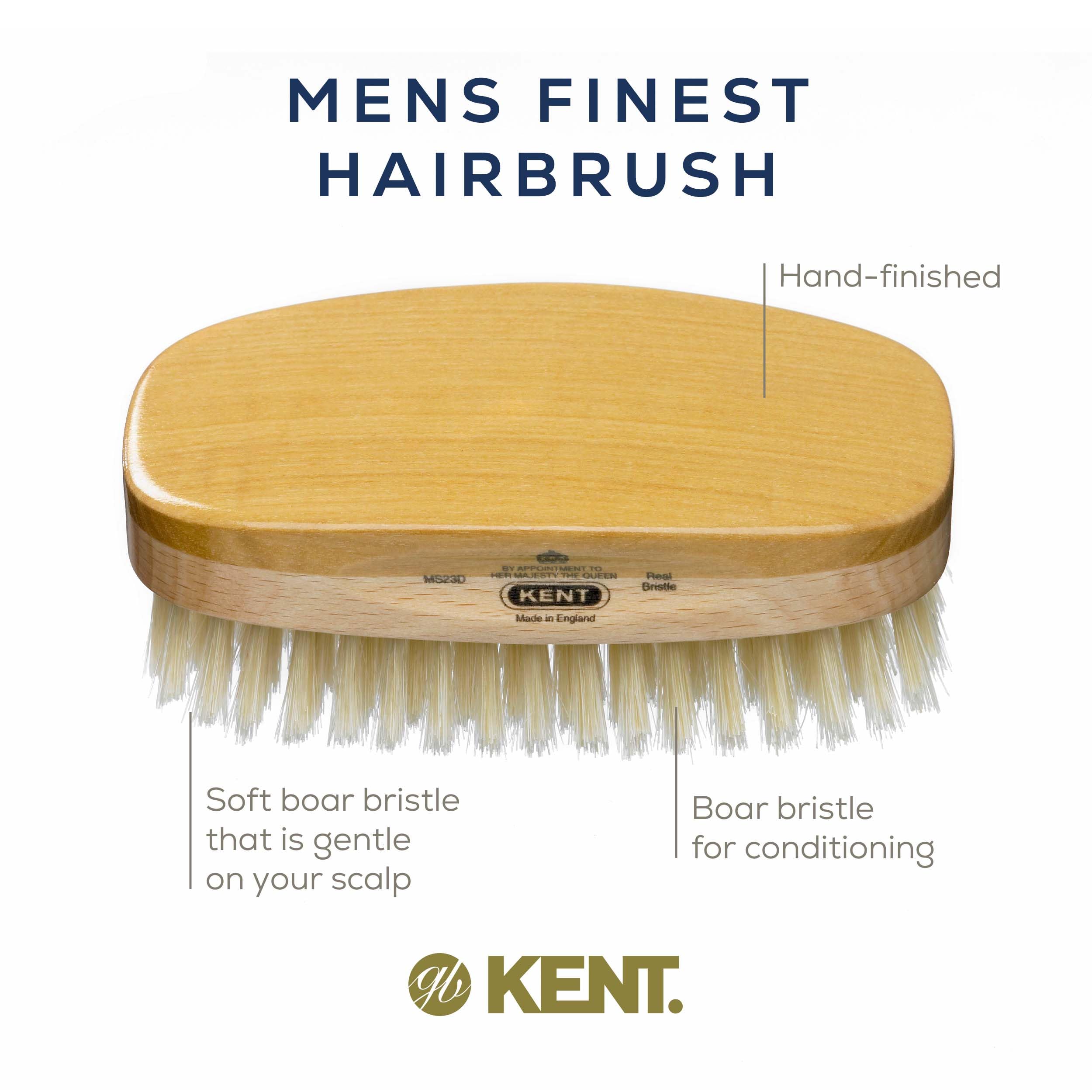 Kent Ms23d Rectangular Satinwood + Beechwood Soft White Pure Bristle Military Brush