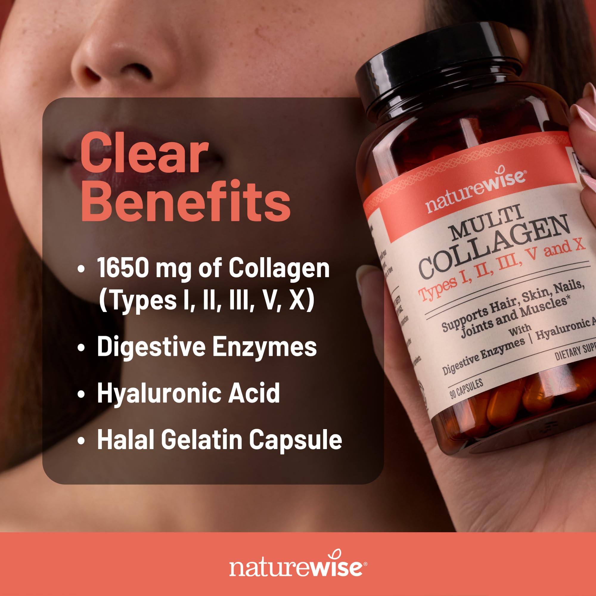 NatureWise Multi Collagen Peptides Pills for Women & Men - Type I, II, III, V, X w/Hyaluronic Acid - Supports Skin, Hair, Joint Health* - Grass Fed, Gluten Free, Non-GMO - 90 Capsules[30 Day Supply]