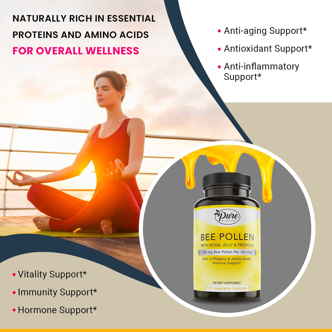 Pure By Nature Bee Pollen Supplement with Propolis & Royal Jelly for Immune Support, Antioxidant Properties, 120 Non-GMO Vegetarian Capsules