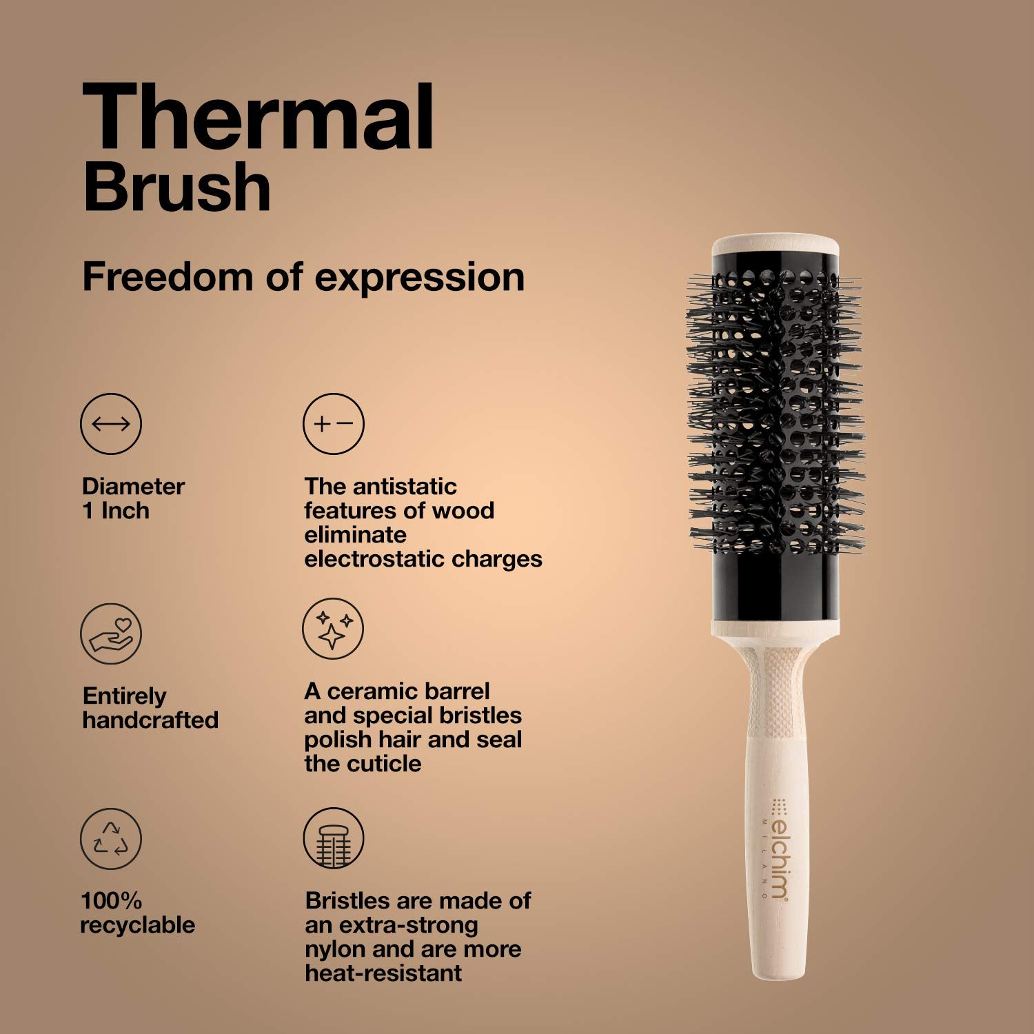 Elchim Wooden Thermal Brush, 1'