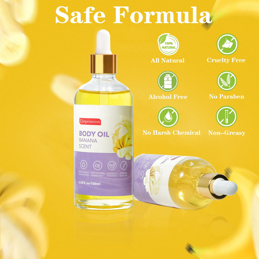 Umpeimvon 2 Pack Body Banana Juice Oil, Vitamin C and E after Shower Body Oil for Women, Moisturizing Hydrating Body Oil