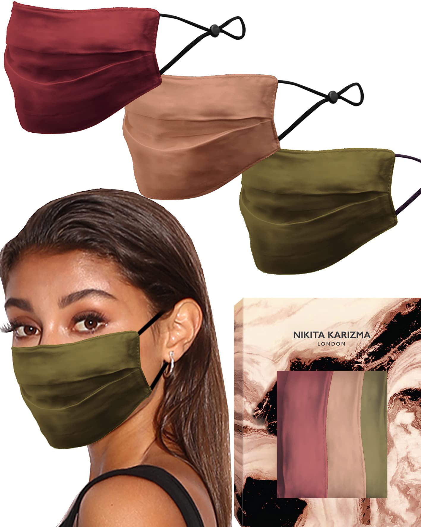 KARIZMA Beverly Hills Silk Face Mask 3 Pack. Earth Tones Fashionable Designer Face Mask for Women. Washable Fabric Face Mask Reusable Facemask. Real Mulberry Silk Masks, Luxury Fashion Masks for Women