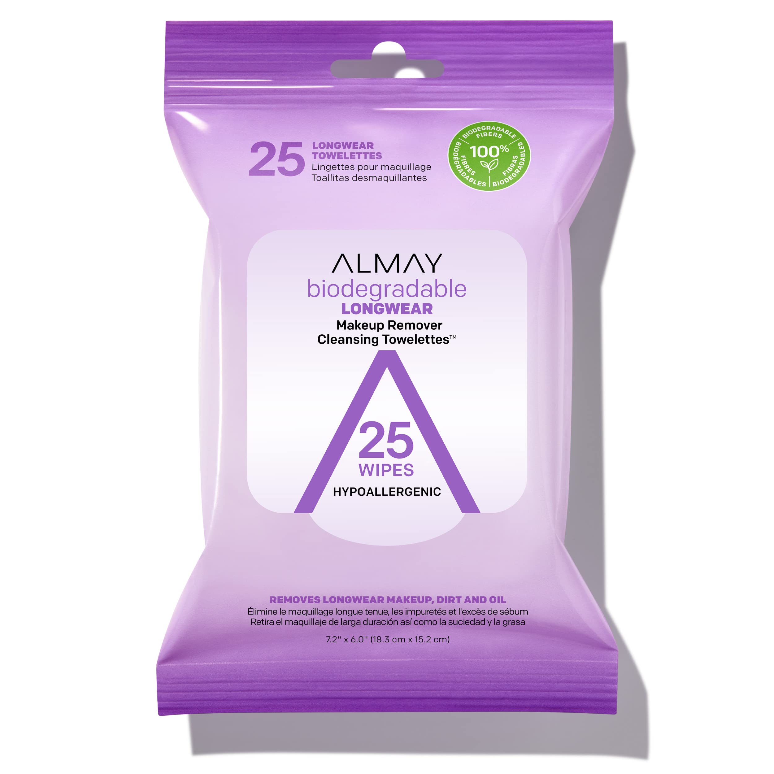 Almay Makeup Remover Cleansing Towelettes, Biodegradable Longwear Makeup Wipes for Sensitive Skin, Hypoallergenic, Cruelty Free, -Fragrance Free, 25 Count