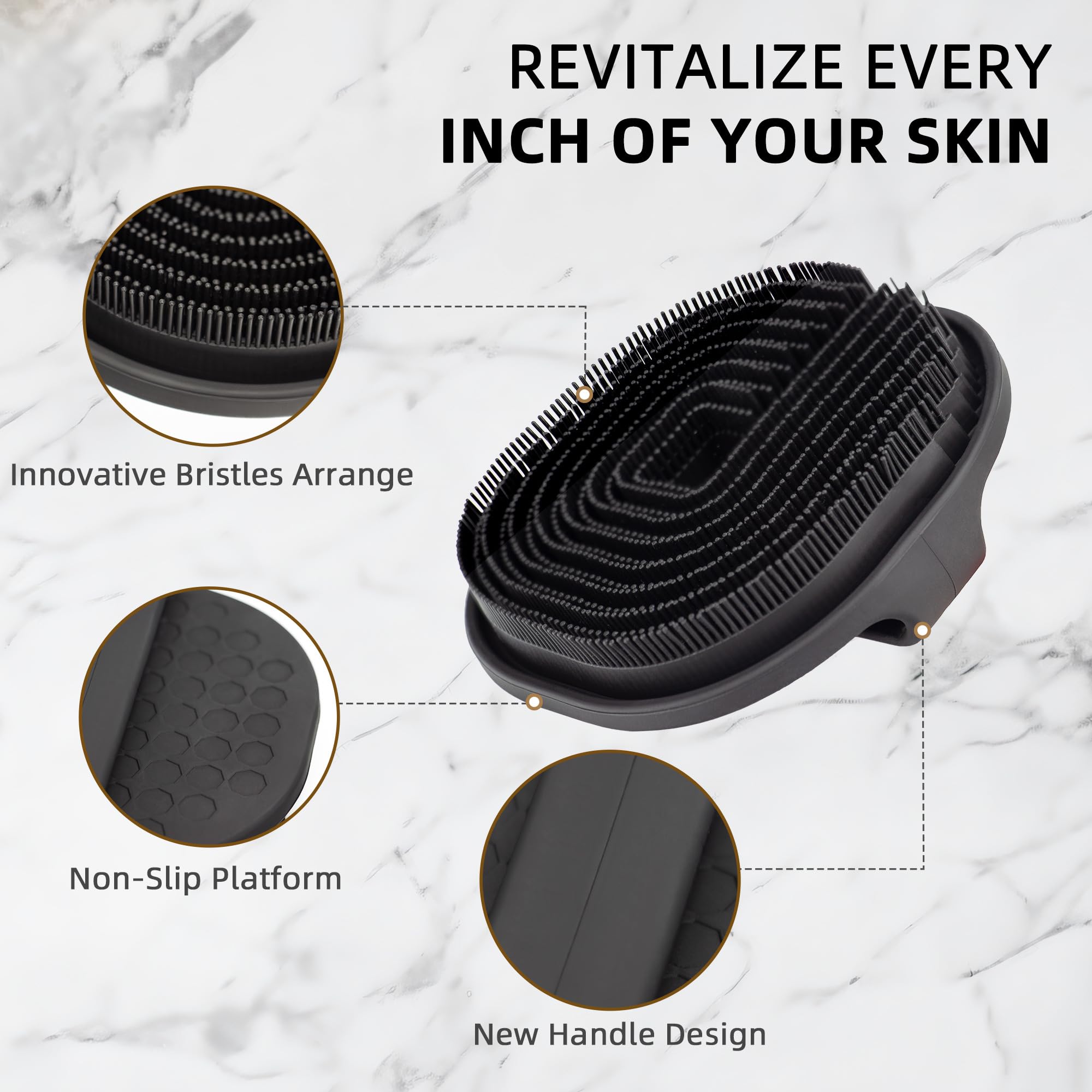 Silicone Body Scrubber, Exfoliating Body Wash Scrubbers Exfoliator, Shower Body Brush for Effective Showering Exfoliation and Gentle Massage, Lather Well and Anti-Slip Handle Loofah (Black)